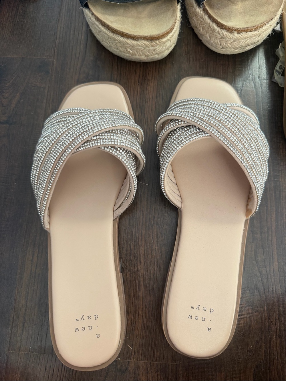 Target Nude Slide Sandals with Silver Rhinestone Crisscross Straps